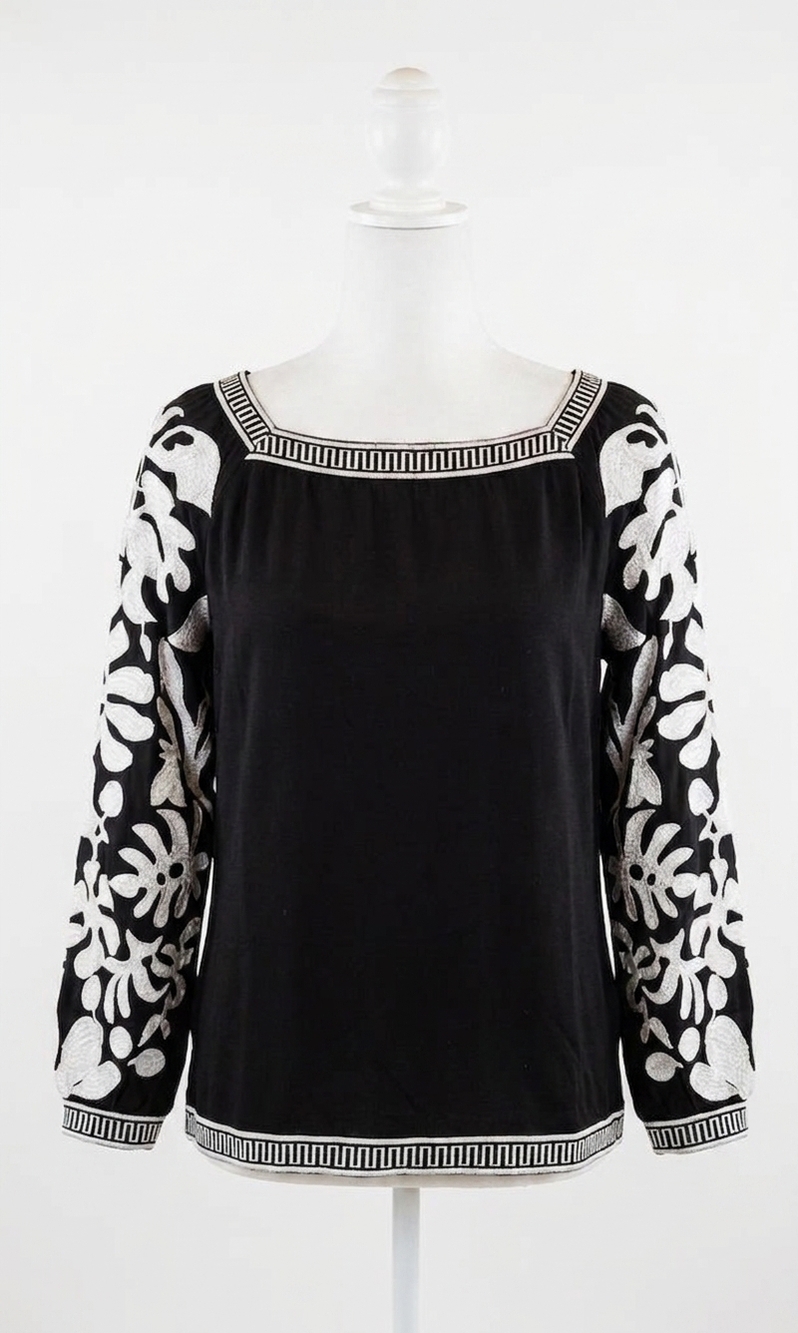 NEW LAYERZ CLOTHING embroidered sleeve blouse in black